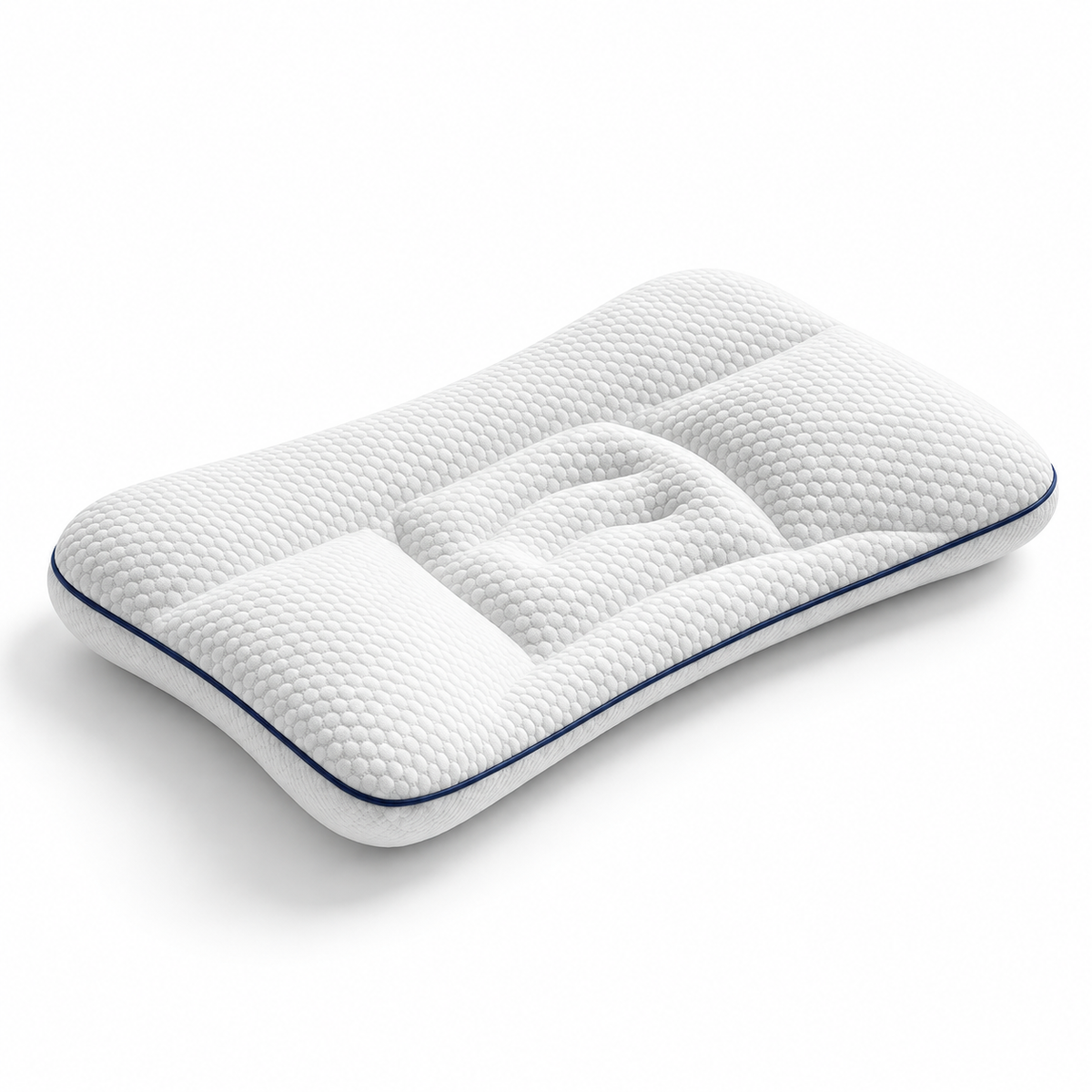 Almofada ergonómica infantil BabyCloud em memory foam branca, com o rebordo azul-escuro, o apoio central para a cabeça e as abas laterais
