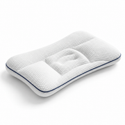 Almofada ergonómica infantil BabyCloud em memory foam branca, com o rebordo azul-escuro, o apoio central para a cabeça e as abas laterais