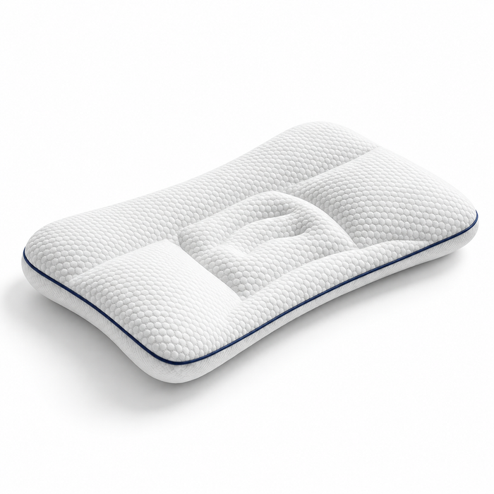 Almofada ergonómica infantil BabyCloud em memory foam branca, com o rebordo azul-escuro, o apoio central para a cabeça e as abas laterais