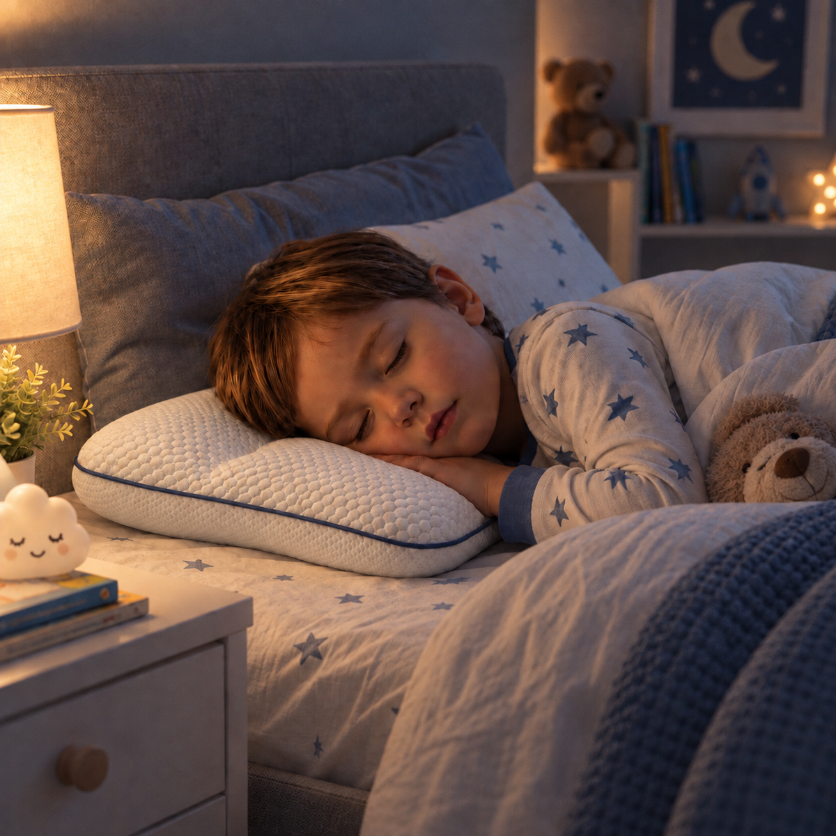 Criança a dormir de lado abraçada a um peluche, com a cabeça apoiada na almofada BabyCloud