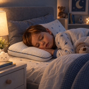 Criança a dormir de lado abraçada a um peluche, com a cabeça apoiada na almofada BabyCloud