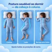 Três crianças de pijama a dormir de costas, de lado e de barriga para baixo, todas com a cabeça alinhada com a coluna